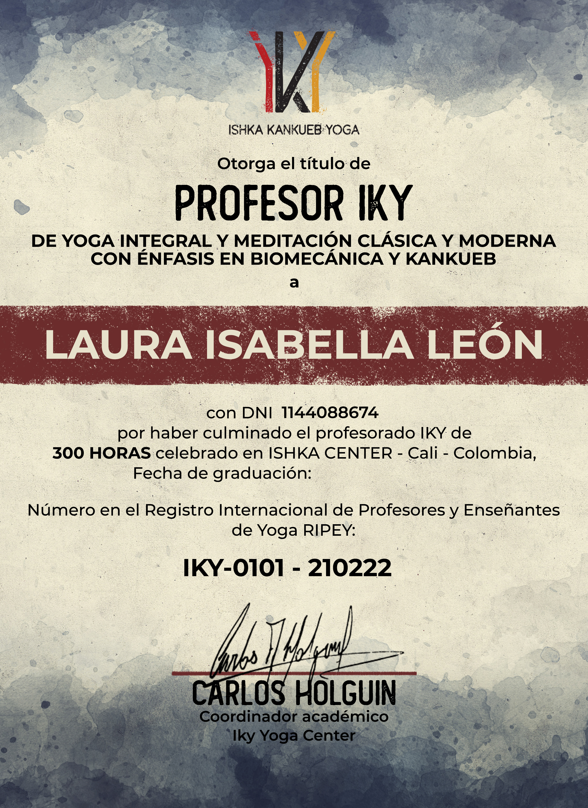 Ejemplo de diploma RIPEY — certificación de profesor de yoga